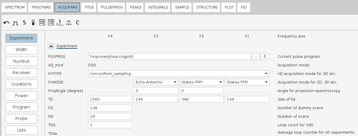 Example 4D spectrum recorded using `Echo-Antiecho` at one indirect dimension